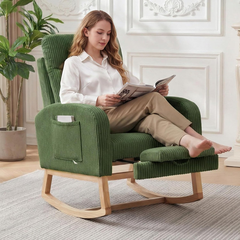 Chaise berçante rembourrée avec repose-pieds et poche latérale, Green, Natural