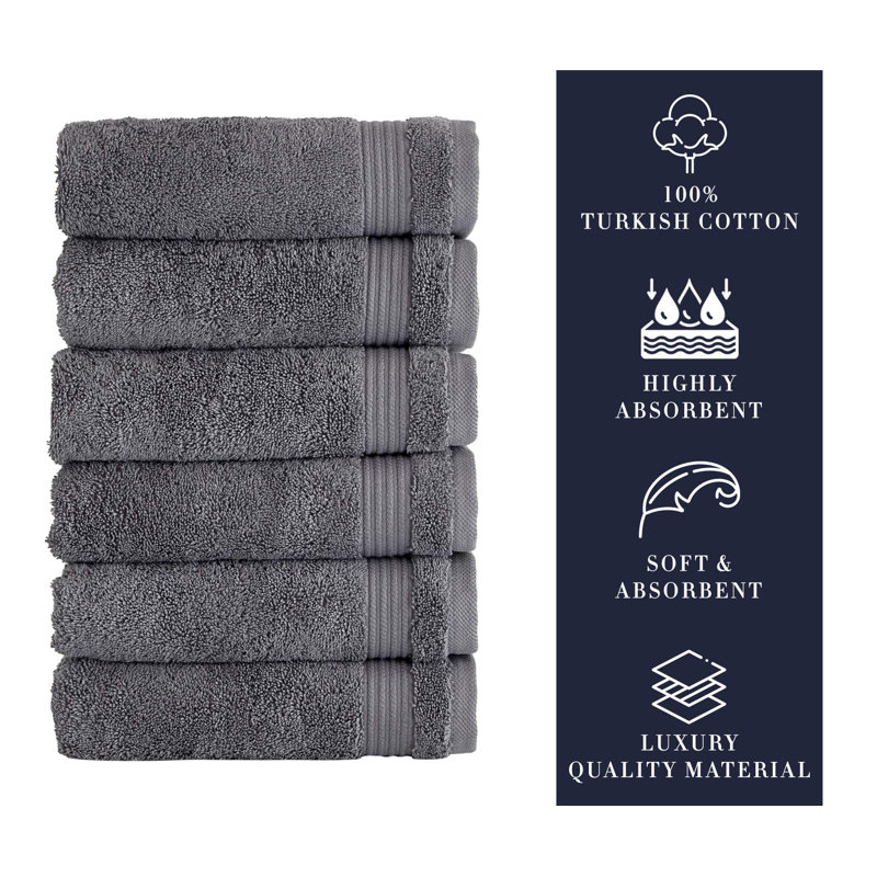 Shannan Turkish Cotton Hand Towels – Highly Absorbent, Quick Dry, Everyday Use, Set of 6, 16"x27", Gray