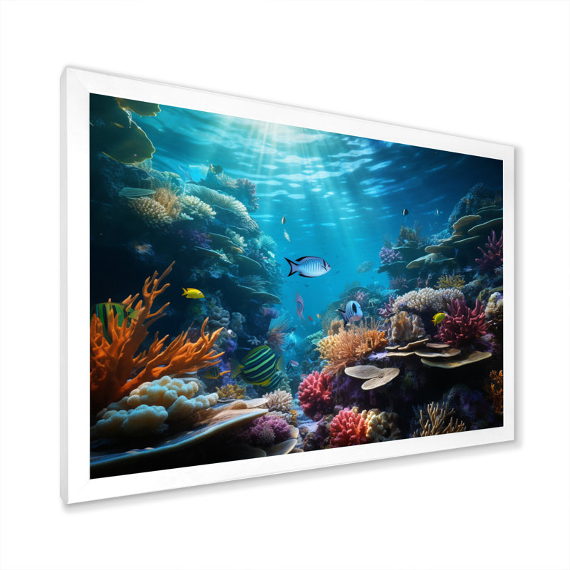 Toile de corail, art marin, impression côtière - Coral Seascape III, Cadre simple blanc, H 30 po x l 40 po x P 1,5 po