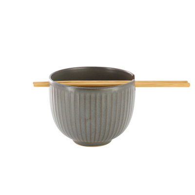 Gibson Elite Stoneware Noodle Bowl with Chopsticks in Gray