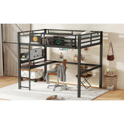 Structure de lit double pleine grandeur avec bureau, panier de rangement, lit mezzanine en métal avec horloge et port de charge, noir