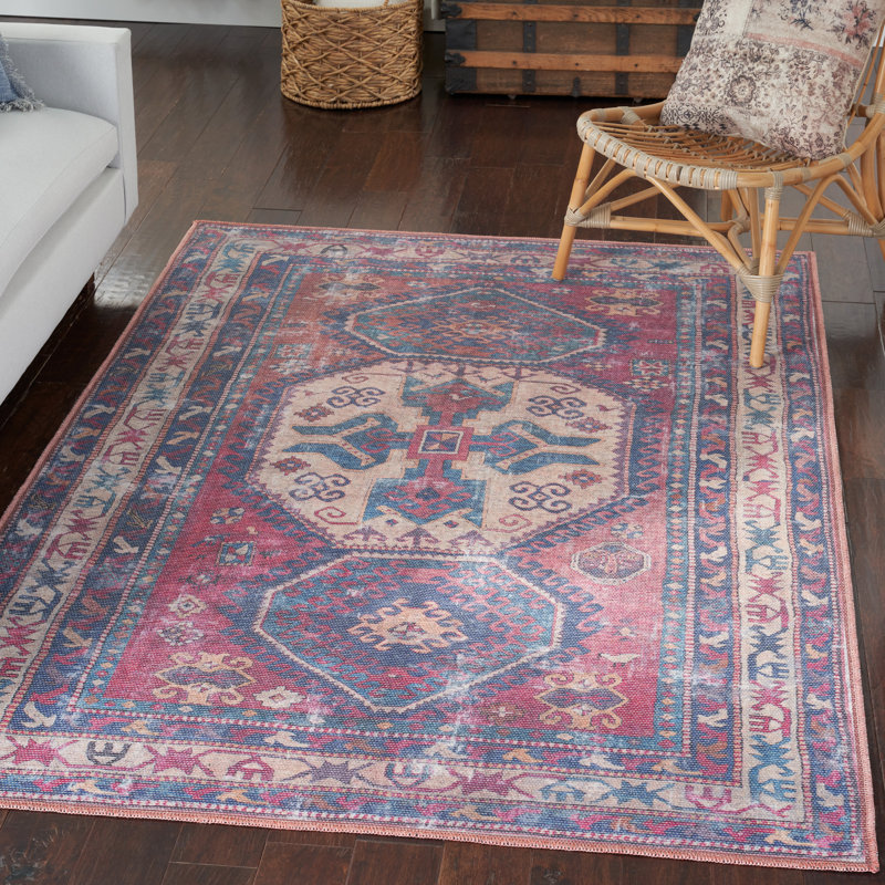 Machine Washable Southwestern Navy/Muted Red/Beige Area Rug, Rectangle 4' x 6'