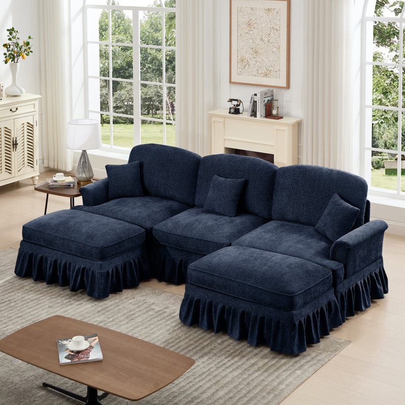 Canapé modulaire en U avec accoudoirs évasés et volants amovibles Classic, Chenille bleu, 2