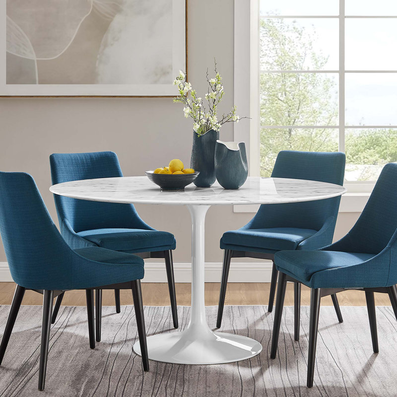 Table de salle à manger ronde en marbre artificiel Lippa, Blanc, H 29,5 po x L 54 po x l 54 po