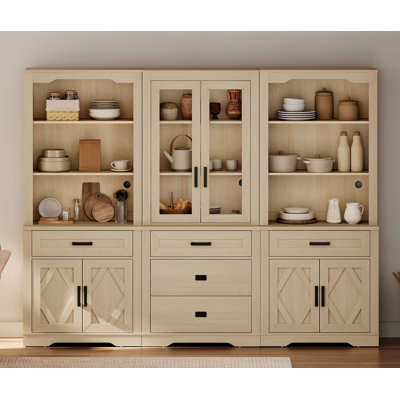 Ensemble de bibliothèque à 3 colonnes, bibliothèque à 5 niveaux avec rangement ouvert et portes en verre, bibliothèque en bois de 73 po de hauteur avec armoire de rangement et tiroirs pour bureau, chambre à coucher, salon, chêne clair