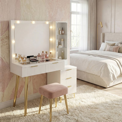 55" White Fluted Makeup Vanity with LED Light Mirror, Freestanding Side Storage Cabinet, 4 Drawers & Gold Metal Legs, Modern Bedroom Dressing Table
