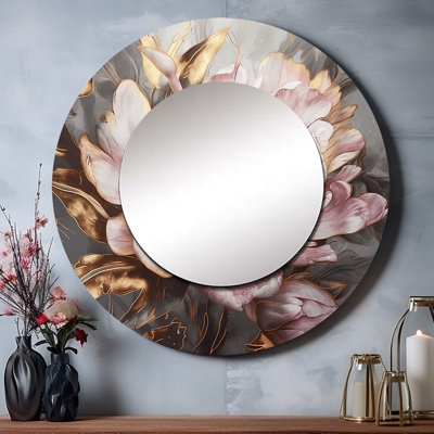 Pink Gold Peonies Petals - Floral Peony Round Mirror Wall Decor_MTMIR60768