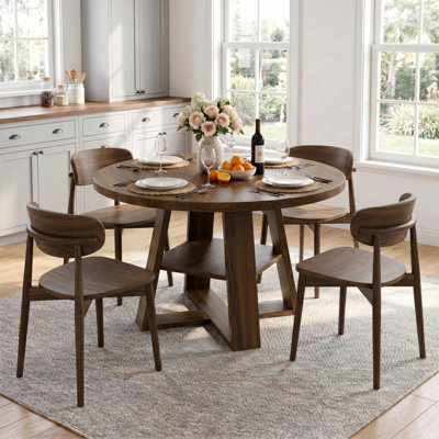 47 Inch Round Wood Dining Table for 4-6, Farmhouse Kitchen Table With Cross Pedestal & Storage Shelf for Kitchen and Dining Room- Walnut