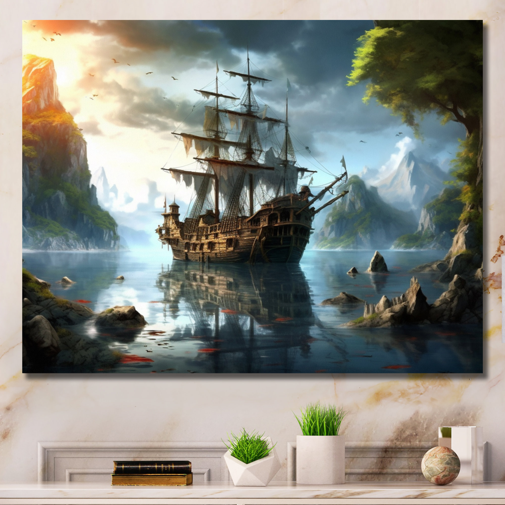 Pirate Ship Print, Pirate Decor, Ocean Animals, Kids Room Wall Art