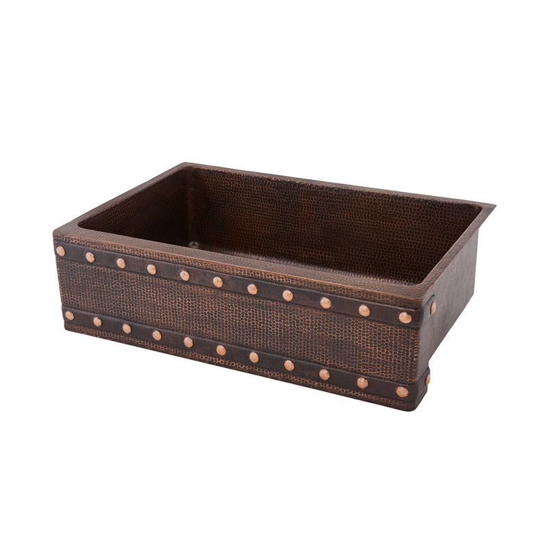 30" Hammered Copper Kitchen Apron Single Basin Sink w/ Barrel Strap Design with Matching Drain and Accessories