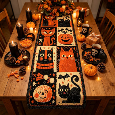 Halloween Decor Halloween Vintage Black Cats Pumpkin Table Runner Linen Long Table Decorative Runner 183x33cm For Halloween Party Dining Table Decora