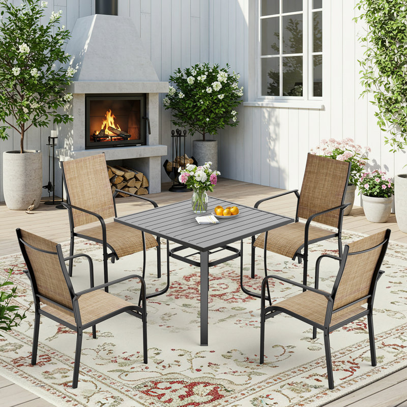 5 Piece Patio Dining Set, Outdoor Dining Table And Chairs Set For 4, 4 PVC-coated polyester Chairs, 1 Iron Square Table With Umbrella Hole, Patio Furniture Set For Deck, Backyard, Lawn, Poolside,