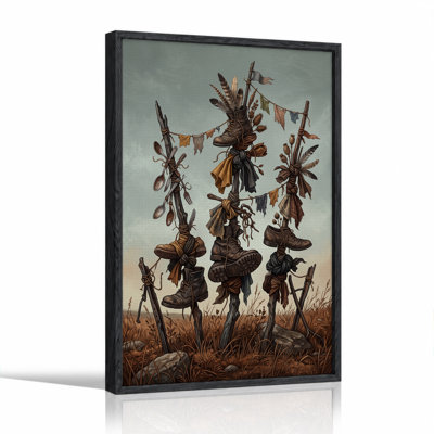 Wooden Sticks with Boots and Feathers in Field Canvas Wall Art
