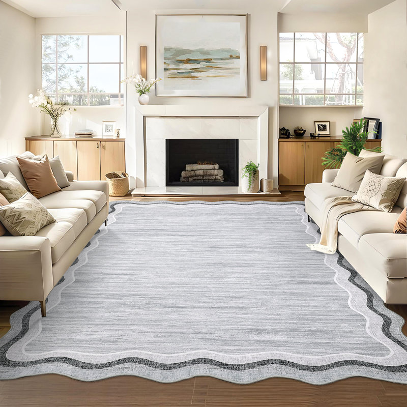 Bordered Design Machine Washable Rug with Rubber Backing for Living Room Modern Non-Slip Dining Room Rug Easy-Cleaning Floor Carpet for Bedroom