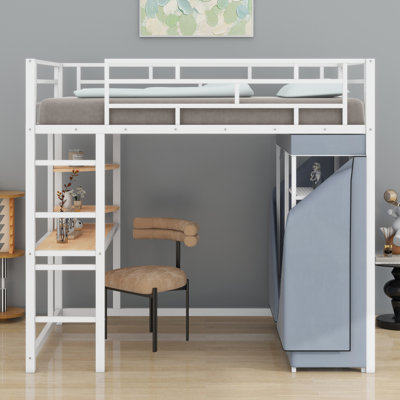 Latitude Run® Loft Metal Bed With Desk,Shelves,Power Outlet,LED Light And Wardrobe