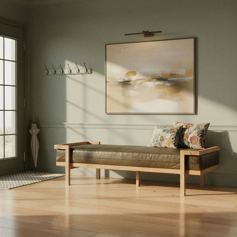 Lit de jour extra-long en bois de manguier avec coussin en cuir vieilli