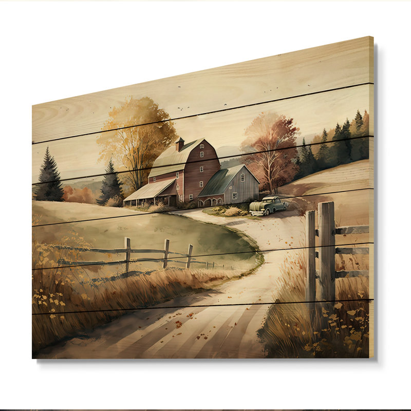 Autrey, chemin vers la grange IV - Art mural bois de campagne / campagne - Bois de pin naturel, H 12 po x l 20 po x P 1 po