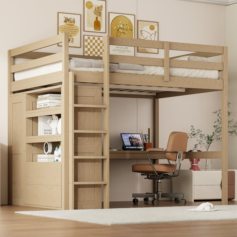Lit mezzanine double en bois avec garde-robe intégrée, bureau, tablettes de rangement et tiroirs, Noyer