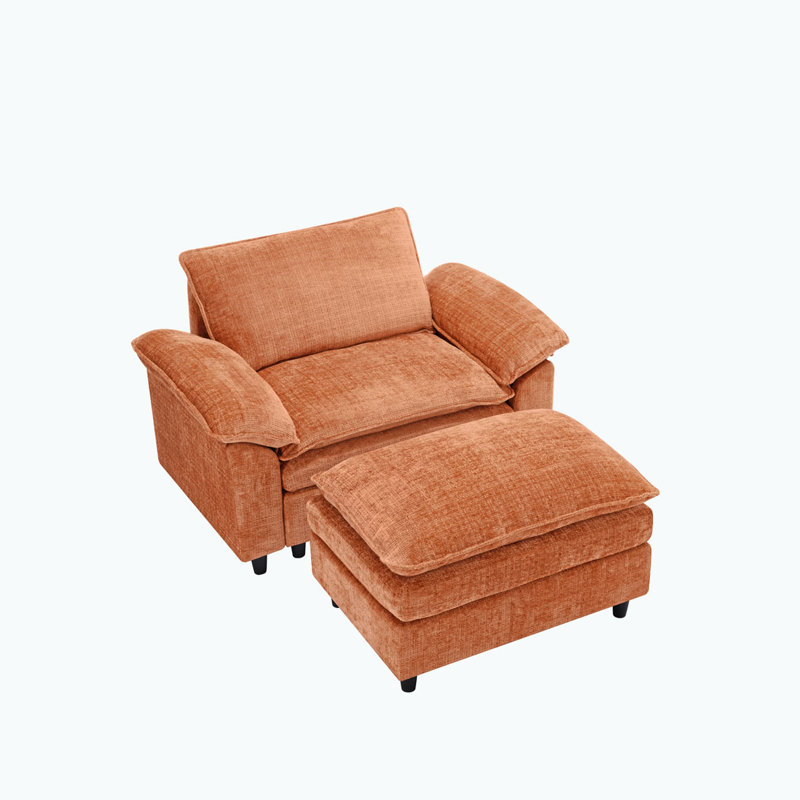 Fauteuil surdimensionné avec repose-pieds Chenille, Chenille orange