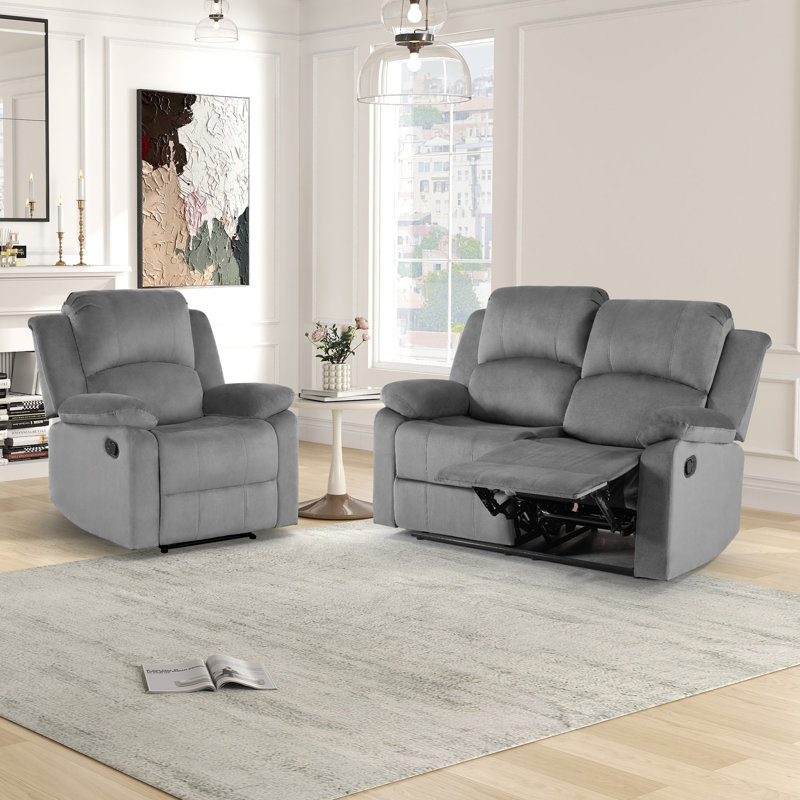 Ensemble de salon inclinable manuel en microfibre 2 pièces avec fauteuil inclinable et causeuse Llanos, Gris