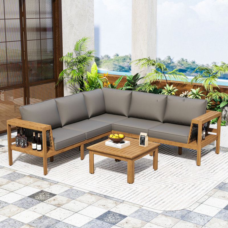 Ensemble de conversation d'extérieur 4 pièces en bois d'acacia avec accoudoirs en corde, coussins et table basse