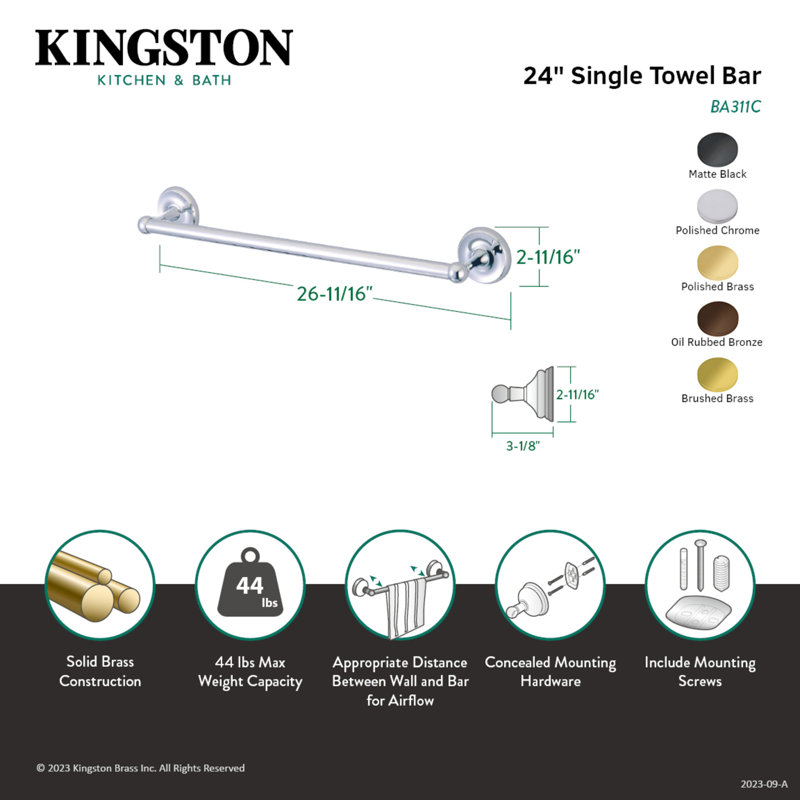Barre à serviettes classique en laiton Kingston, Laiton poli