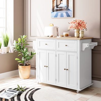 Rolling Kitchen Island Cart | Sturdy Wood Countertop, Storage Cabinet, Drawers, Spice Rack & Towel Bar, Mobile Wheeled Storage Cart for Kitchen and Dining Room