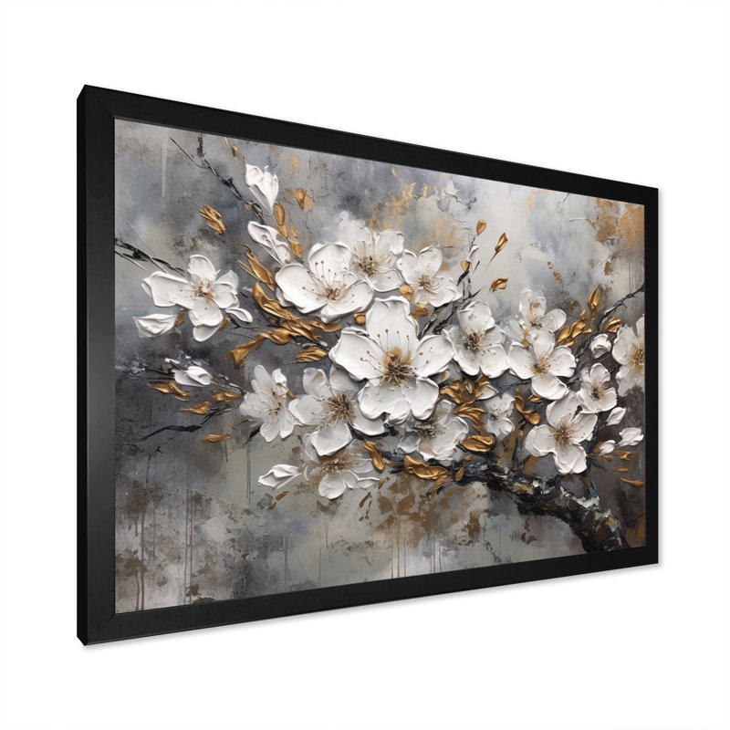 Harmonie I de cerisier blanc et gris - art mural floral pour le salon, H 30 po x l 40 po x P 1,5 po, Cadre simple noir
