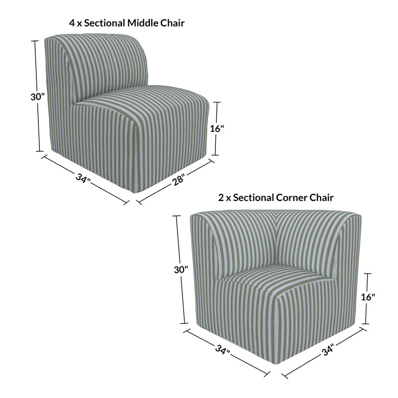 Praia 6-Piece Modular Upholstered U-Shaped Sectional Sofa Set with Sunbrella Cushions, Green Striped Sunbrella®