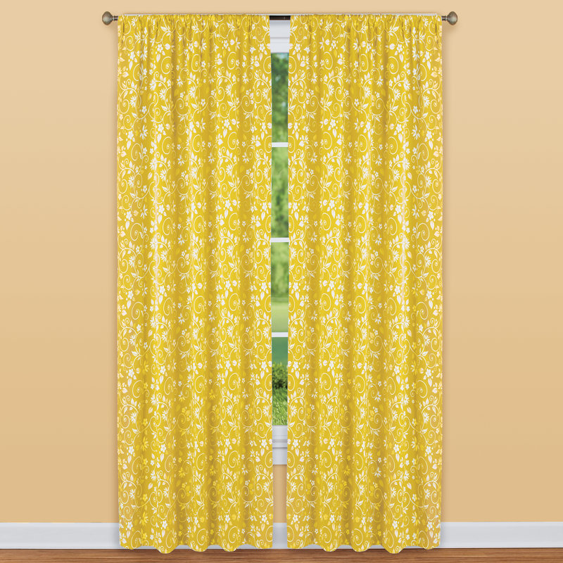 Floral Scrolling Vine Yellow Semi Sheer and Sheer Curtain