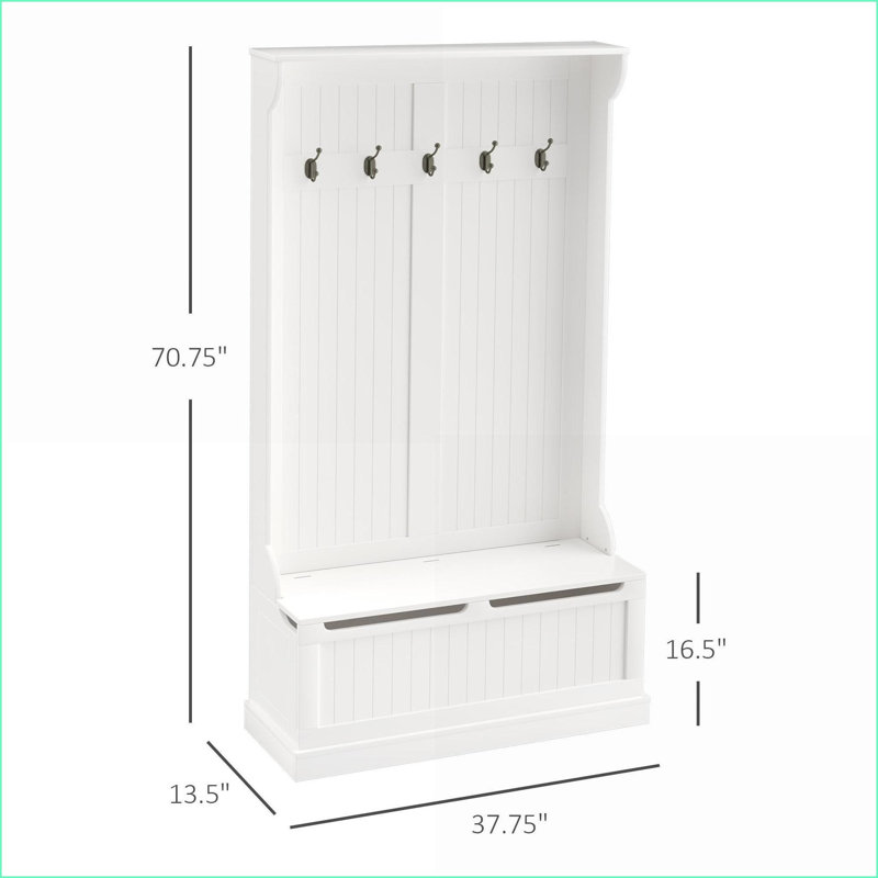 Hall Tree with Storage Bench, 38” 3-In-1 Entryway Organizer with 4-Hook Coat Rack &amp; Shoe Storage, White | Cream White | MDF