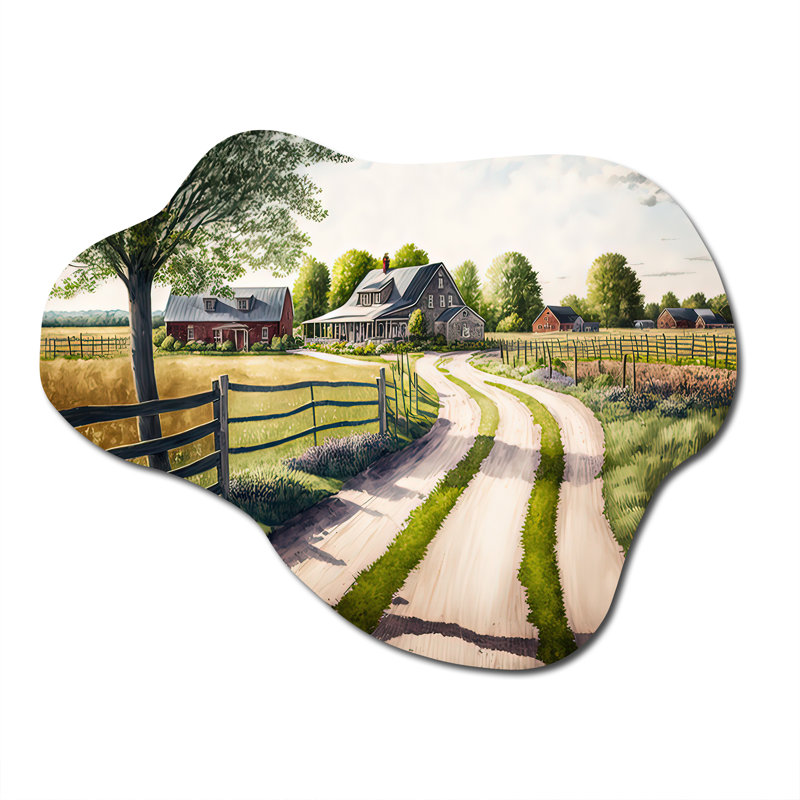 Calm Red Barn In Spring IV - Cloud Barn Landscape, reproduction d'art murale en métal asymétrique, H 27 po x l 35 po x P 1 po