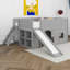 Lit mezzanine bas pour enfants, cadre en bois massif avec étagères de rangement, glissade et échelle, barrière de sécurité, espace de jeu sous le lit-1161984565