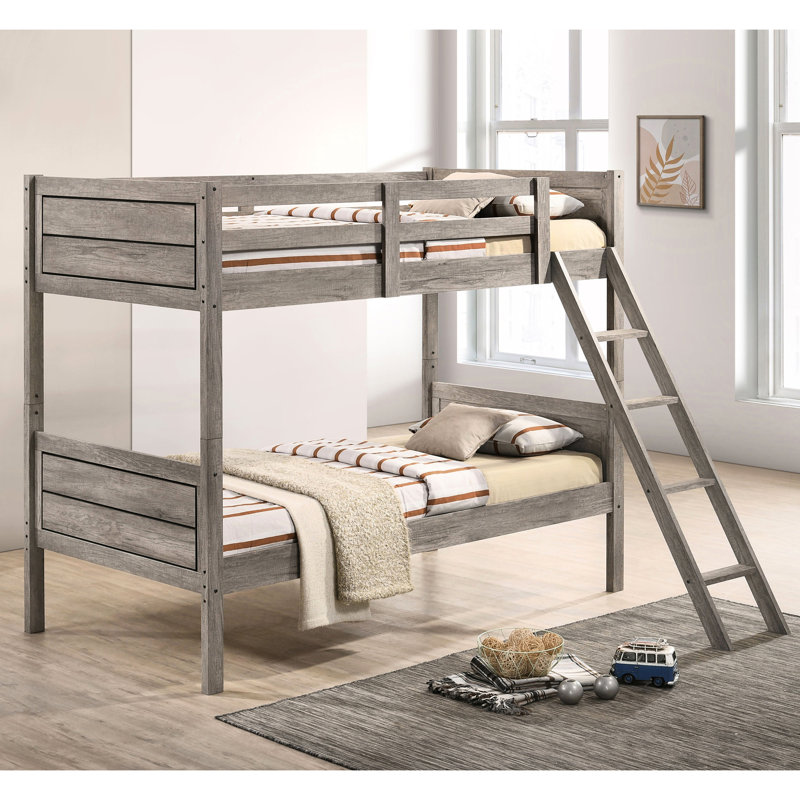 Twin Bunk Bed In Weathered Taupe, Convertible Design, , And Slatted Guardrails, Engineered Wood Bedroom Configuration Over With Taupe Finish, For