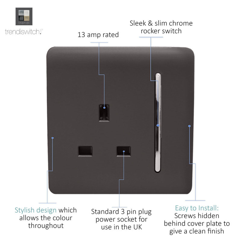 Trendi Switch 1 Gang 13 Amp Switched Plug Socket, Dark Brown