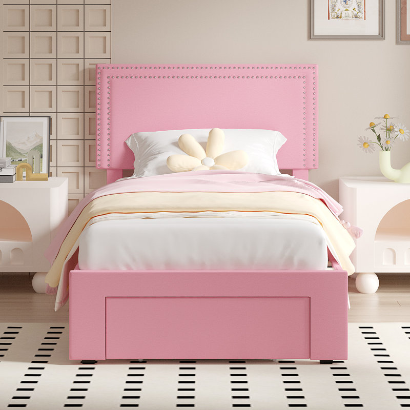 Twin Size Bed with 1 Storage Drawers Upholstered Platform Bed Adjustable with Nailhead Trim Headboard Wooden Slats Support Bed Frame