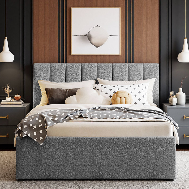 Lit plateforme tapissier classique avec gigogne et éclairage DEL Smart Teddy, Lit double, Gris