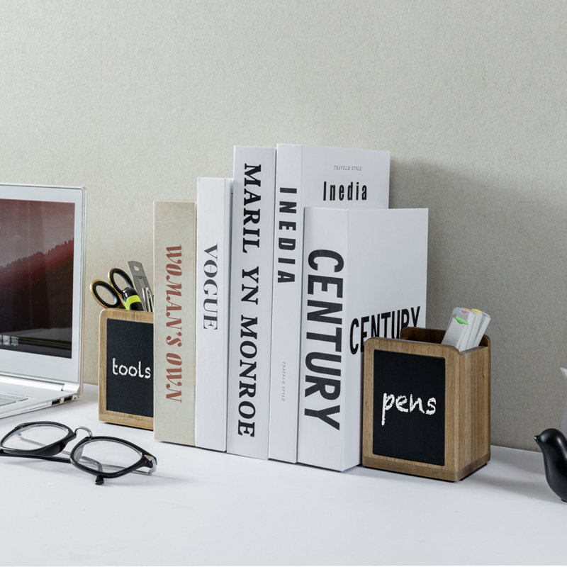 Acacia Pencil Holder Bookends with Chalkboard Labels