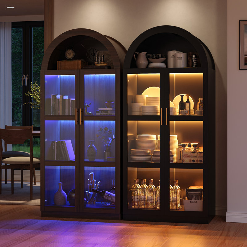 71” Arched Storage Curio Cabinet With Glass Doors, 3-Tier LED Display Cabinet For Collectibles, Black