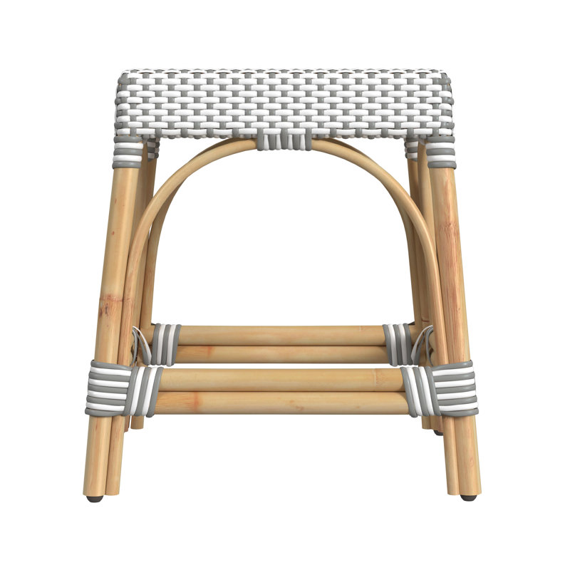 Robias Rattan 18" Dining Stool, White/Gray Dot / Natural Rattan Frame