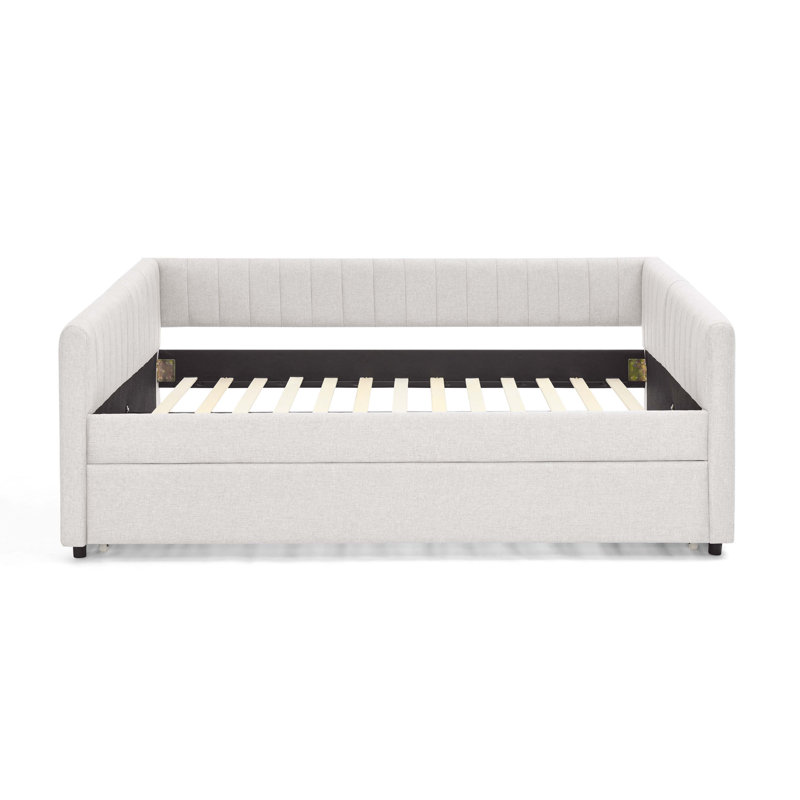 Yamit Daybed With Trundle Upholstered Sofa Bed, With Vertical Stripes, Linen Fabric, Beige, Twin