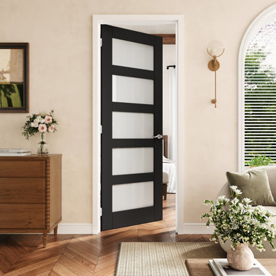 28" X 80" 5-Lite Black Frosted Glass Interior Prehung Door With Silver Hinges, Privacy Glass Door Slab With Frame, Sound-Dampening & Waterproof, Suit For Laundry, Closet Doors, Room Doors, Left Hand