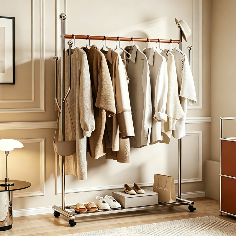 Modern Leather Coat Rack with Shelf, Brown