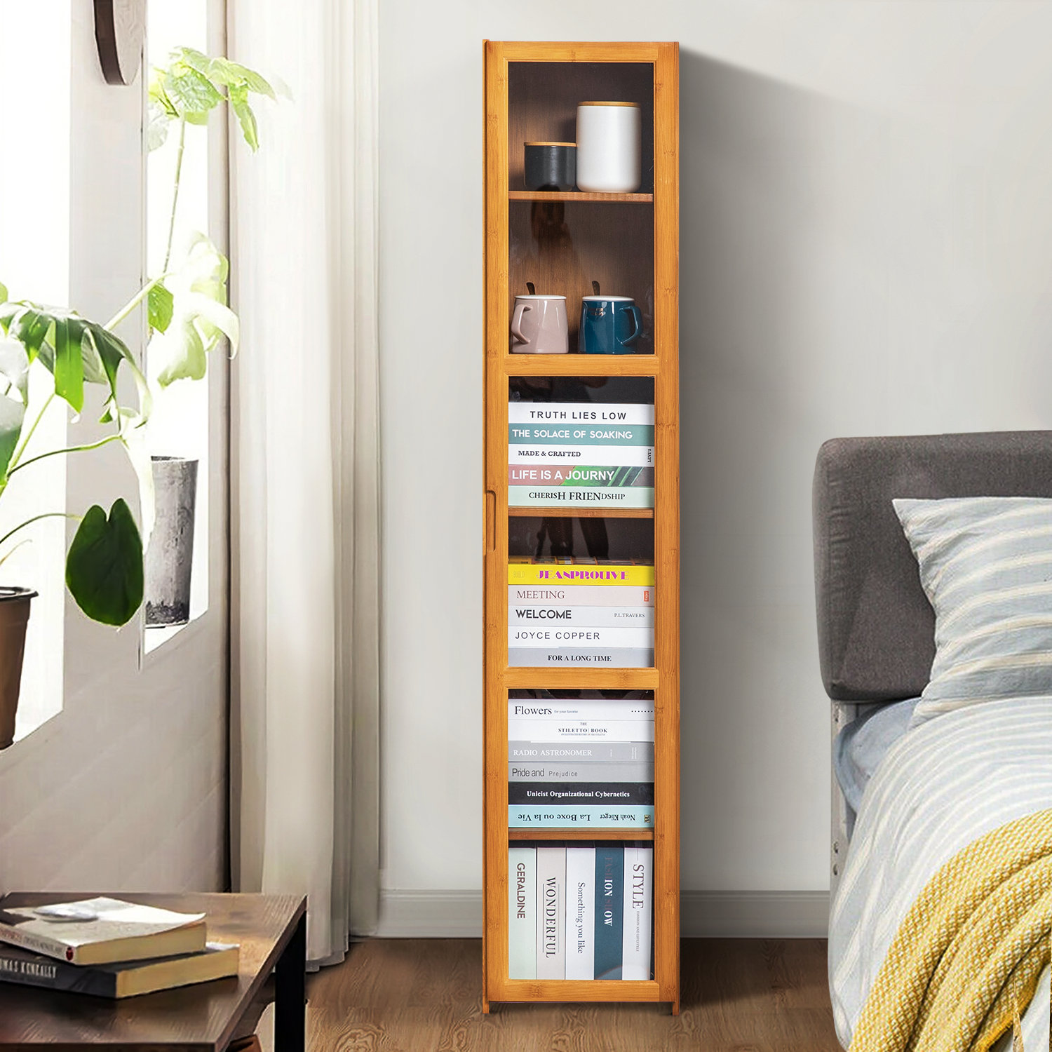 https://assets.wfcdn.com/im/25558969/compr-r85/2044/204481286/bamboo-narrow-6-tiers-tall-standard-bookcase-with-acrylic-doors-display-storage-for-home.jpg