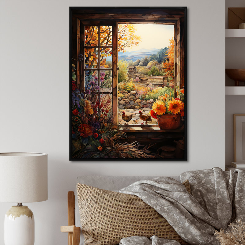 «Brown Farmhouse Window Blooms In Summer II», art mural fenêtres de ferme, H 32 po x l 24 po x P 1 po, Cadre flottant noir