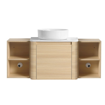 Meuble-lavabo mural 48 po avec lavabo d'art en céramique et 2 tablettes de rangement, porte à fermeture en douceur, emballage KD, contreplaqué