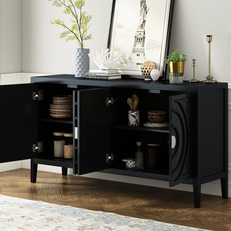 4-Door Retro Black Sideboard - Meets Your Storage Demands In Style With Distressed Appearance Creates A Vintage Look, Black