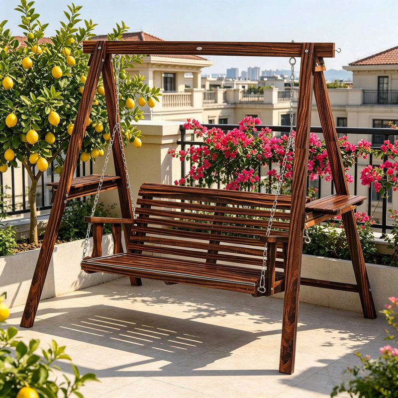 2-Seat Outdoor Swing Chair With Stand And Side Tables For Garden, Brown