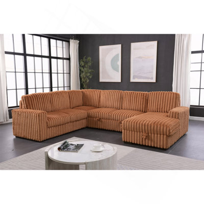Canapé-lit modulaire rabattable en tissu moelleux de 122 pouces Ports et canapé-lit modulaire rembourré en U surdimensionné confortable avec méridienne et rangement, orange