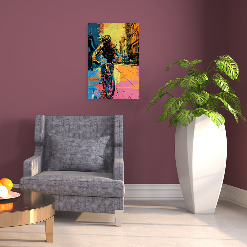 «Vibrant City Cyclist Contemporary Mountain Architecture», reproduction d'art murale, H 24 po x l 16 po
